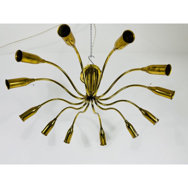 Arredoluce Italian Midcentury Brass 12-Arm Sputnik Chandelier Arredoluce Attributed, 1950s For Sale - Image 4 of 9