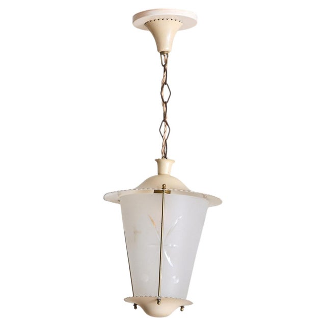 1950s Italian Tapered Ivory Lacquer + Starburst Glass Lantern Pendant For Sale - Image 9 of 11