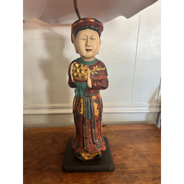 Antique Vietnamese Altar Maid Figurine Hand Carved Table Lamps - a Pair For Sale - Image 15 of 18