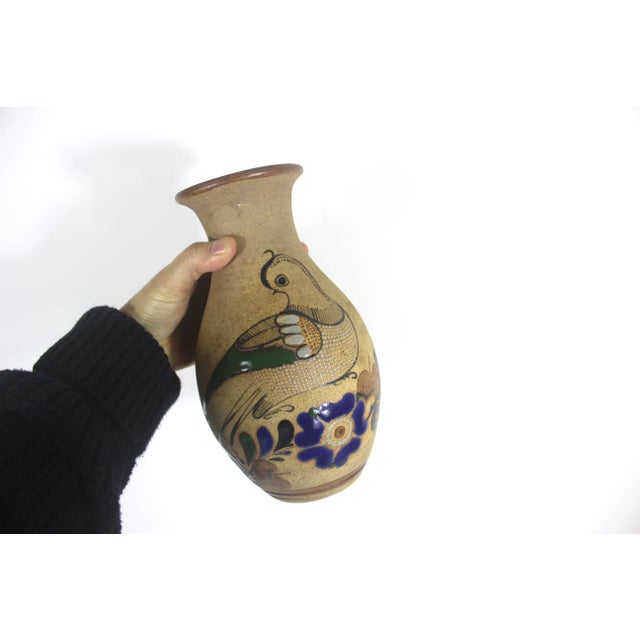 Mexican Vintage Mexican Pottery Vase With Bird Blue Brown Tonala Mexico Glazed Interior Signed For Sale - Image 3 of 9