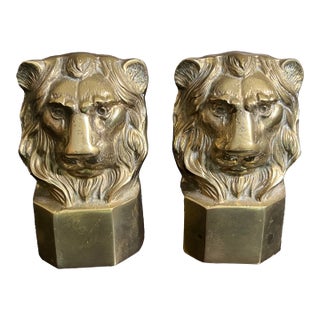 1970s Vintage Brass Lion Head Bookends (Pair) For Sale