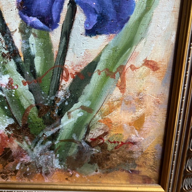 Paint European School 20th Century Oil on Canvas Impressionist Floral Still Life Blue Irises and Butterfly Framed Signed For Sale - Image 7 of 10