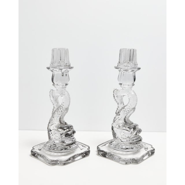 Cambridge Dolphin Fish Clear Glass Candlesticks For Sale - Image 9 of 18