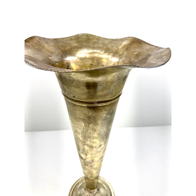 Antique Silver-Plated Tall Trumpet Vase With Fluted Rim For Sale - Image 9 of 11