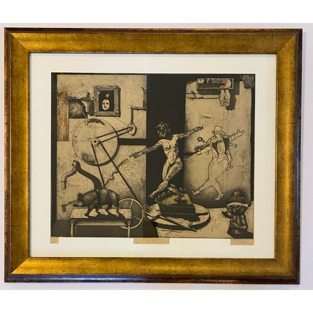 Mid-Century Modern Original Surrealist Signed Lithograph “Just Play the Game” Figural Fantasy Composition For Sale - Image 3 of 4