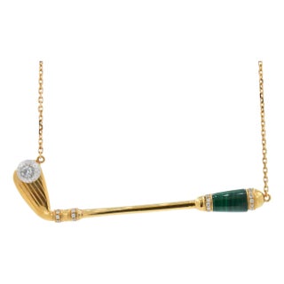 Diamond Green Malachite Golf Club Birdie Jewelry 18 Karat White Gold Charm Pendant Necklace For Sale