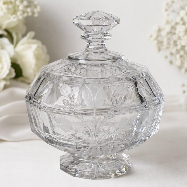 A beautifully crafted vintage crystal covered pedestal dish featuring an elegant all-over floral motif with stylized rose...