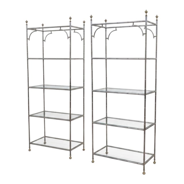1970s Regency Style Chrome & Brass Faux Bamboo Etageres Shelves Bookcases - Pair For Sale - Image 4 of 8