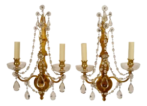 Pair of Gilt Bronze and Crystal Two Light Sconces by Sterling Bronze Co. N.Y