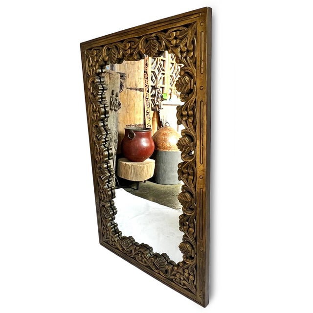 Boho Chic Bronze Gold Vintage Floral Wood Mirror For Sale - Image 3 of 6