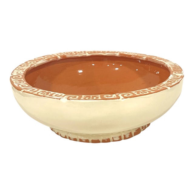 Large Vintage Glazed Ceramic Bowl in Cream and Salmon For Sale