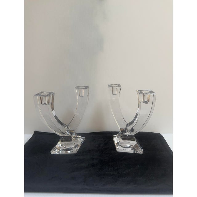 Manufacture de Sevres Vintage 1970s Signed Sevres Crystal France MCM Style Double Head Candleholder Set of Two(2) For Sale - Image 4 of 13