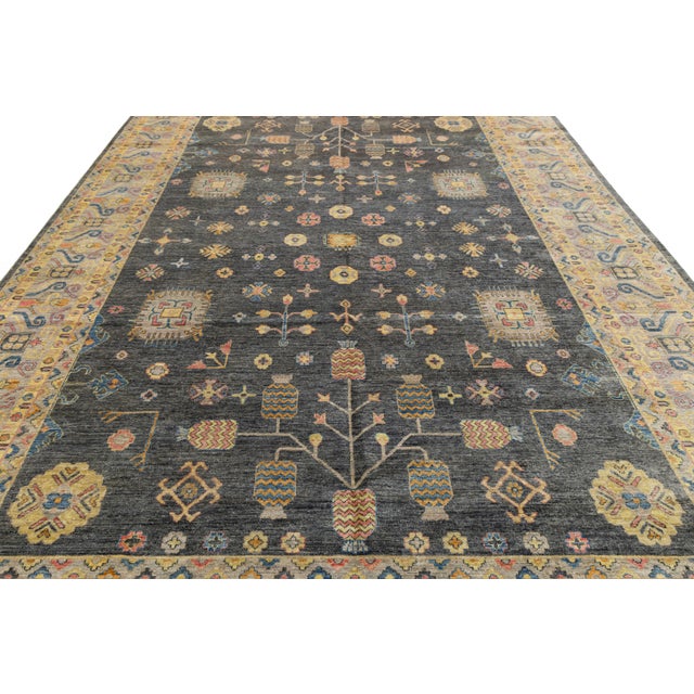 Modern Khotan Style Charcoal Grey & Gold Handmade Wool Rug 10x14 For Sale - Image 10 of 12