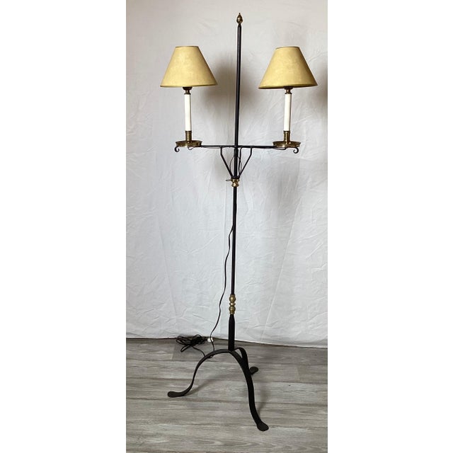 A Pair of Wroght Iron and Brass Adjustable Floor Lamps For Sale - Image 9 of 9