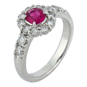 Vintage Ruby Diamond Platinum Cluster Ring, Size 6