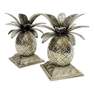 1980s Pair of Silver Plated Metal Pineapple Candle Holders by Godinger For Sale