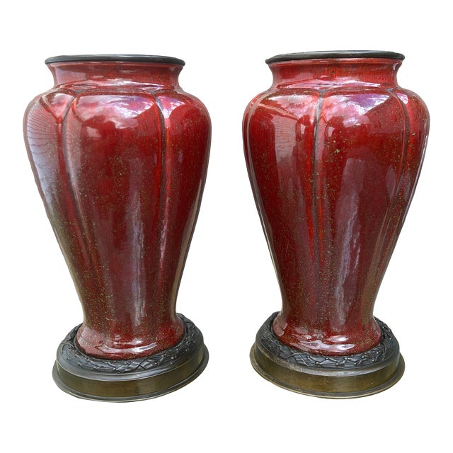 Pair, Sevres Paul Millet Sang De Boeuf Ormolu Mounted Vases 13" For Sale