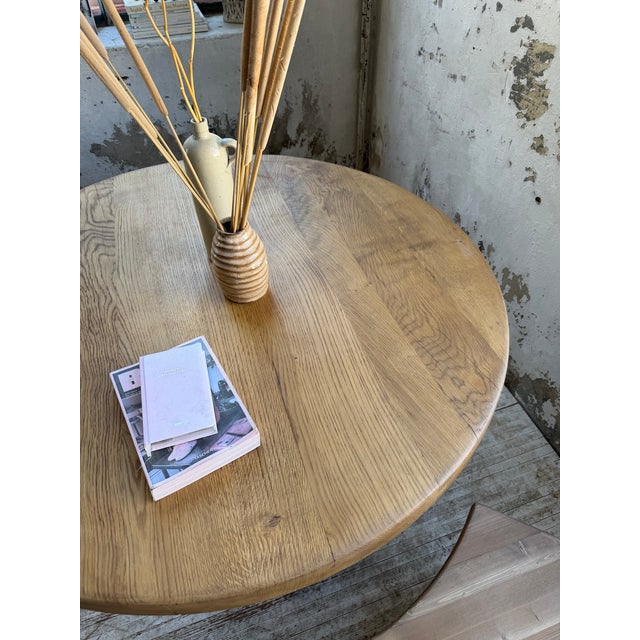 Vintage Round Oak Table and Benches, 1950s, Set of 3 For Sale - Image 14 of 18