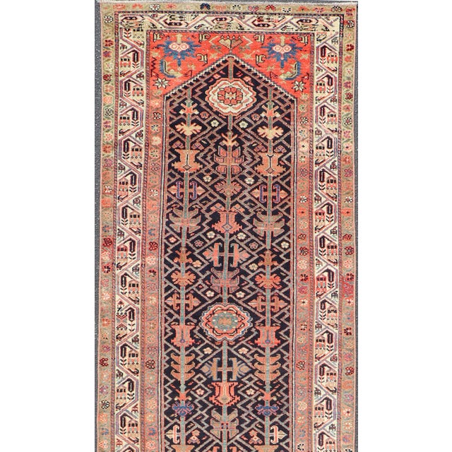 Tribal Antique Persian Malayer Runner With Sub-Geometric All-Over Design in Navy Color 3'1 X 12'9 For Sale - Image 3 of 14