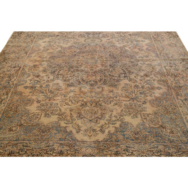 Antique Kerman Handmade Medallion Tan Wool Rug 7 X 10 For Sale - Image 4 of 10