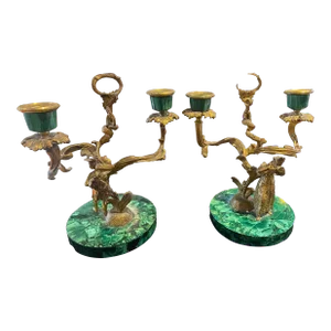 Antique Gilded Bronze & Malachite Figural Man & Lady Candelabras- a Pair