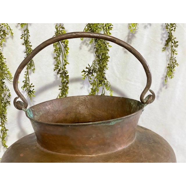 19th Century Hand Crafted Antique Copper Cauldron: Hand Hammered Firewood Bucket Green Patina Worn For Sale - Image 5 of 10