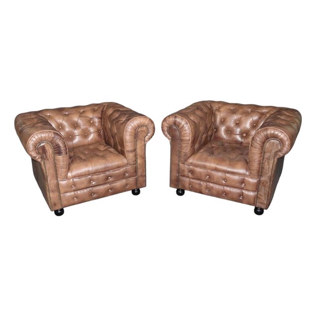 Pair of English Custom Chesterfield Brown Distressed Leather Tufted Club Chairs For Sale