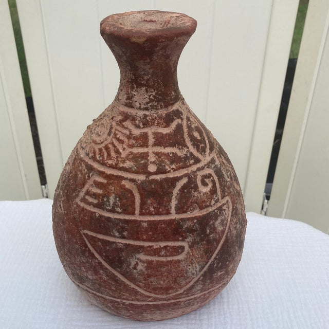 Rustic 10" Vintage Primitive Figural Terracotta Vase - Rustic Sgraffito Earthenware Jug For Sale - Image 3 of 12
