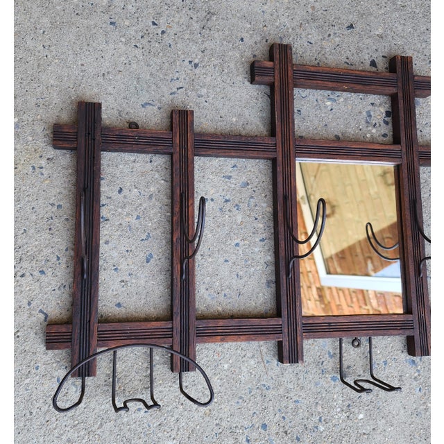 Brown Antique Arts & Crafts Wall Coat Rack With Mirror and Hooks For Sale - Image 8 of 17