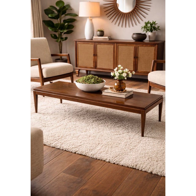 Mid-century modern Rhythm coffee table by Lane Furniture, featuring a long, low profile with tapered legs and a warm...