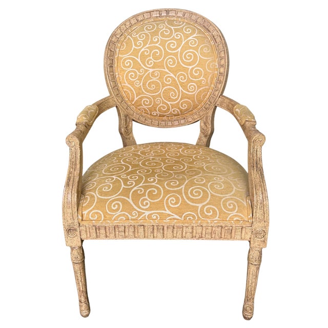 French Louis XVI Medallion Back Armchair With Crème-Peinte Distressed Finish For Sale - Image 4 of 17