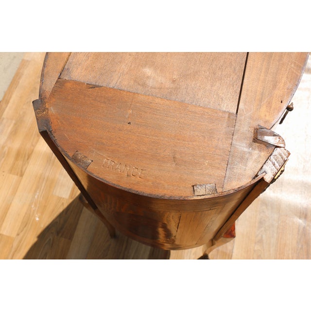 Pair Antique French Louis XV Style Marble Top Inlaid Wood Nightstands, Circa 1940s For Sale - Image 18 of 18