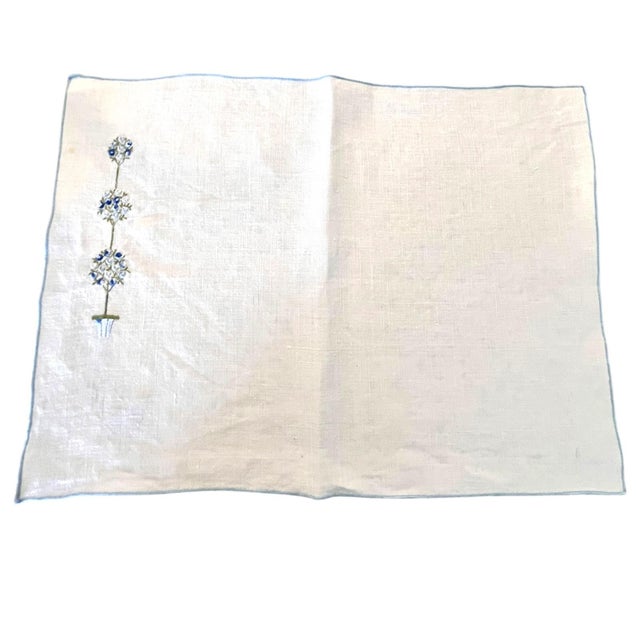 Mid 20th Century Set of 4 Vintage Dinner Placemats Embroidered Blue Floral Linen Farmhouse French Country Traditional Spring Easter For Sale - Image 5 of 17