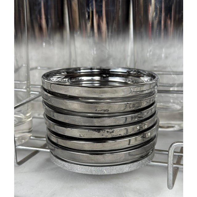 1980s Mid-Century Chrome Silver Fade Tall Liquor Glass & Coaster Bar Serving Set - 13 pcs For Sale - Image 9 of 13