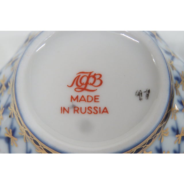 White Lomonosov Demitasse Cobalt Net Blue Bone China Tea Cup and Saucer Set 4652b For Sale - Image 8 of 14