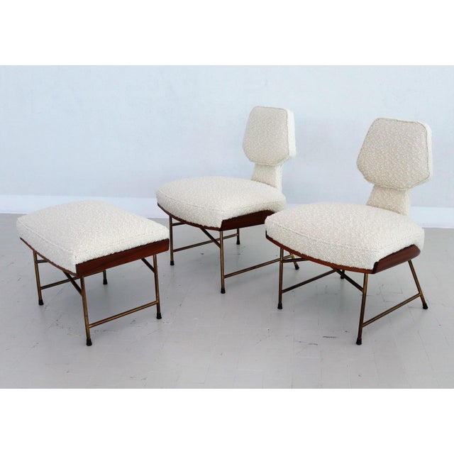 Slipper Chairs and Ottoman in Walnut and Bouclé by Renzo Zavanella, 1950, Set of 3 For Sale - Image 11 of 18