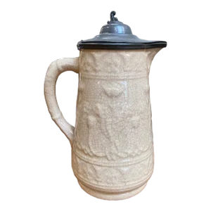 Victorian Stoneware Water Pitcher W/ Pewter Lid C.1900