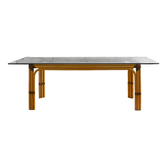 Wicker Coffee Table with Leather Bindings and Glass Top from Studio Smania, 1970s For Sale