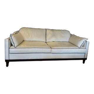 Large Vanguard White Leather & Navy Blue Trimmed Sofa For Sale
