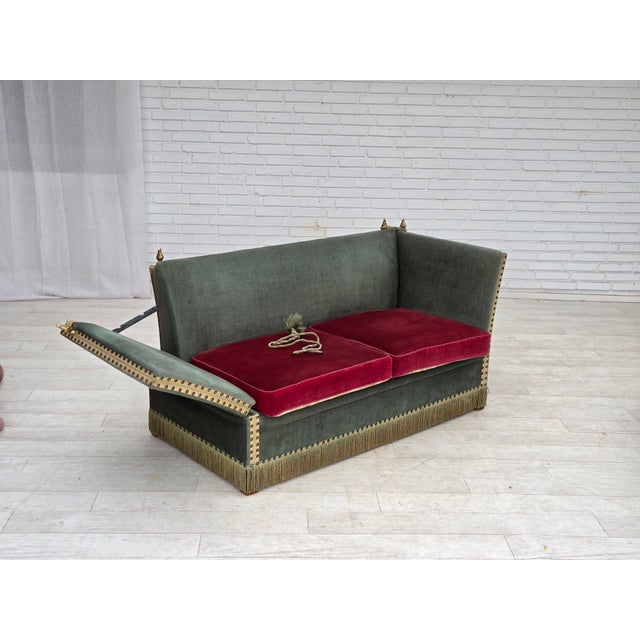 Danish 2-Seater Drop Arm Spanish Sofa in Green and Red Velour, 1970s For Sale - Image 10 of 18