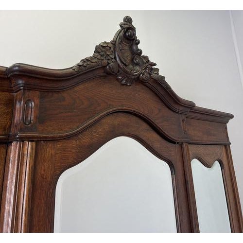 Antique French Rocaille Carved Oak 3-Door Armoire with Mirror For Sale - Image 5 of 14