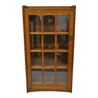 Mission Oak Style Arts & Crafts One Door Oak Wood China Cabinet Curio Bookcase For Sale