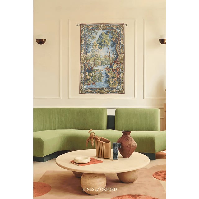 Beautiful 18th Century style verdure scene with river and waterfalls, richly framed with a border of swirling acanthus...