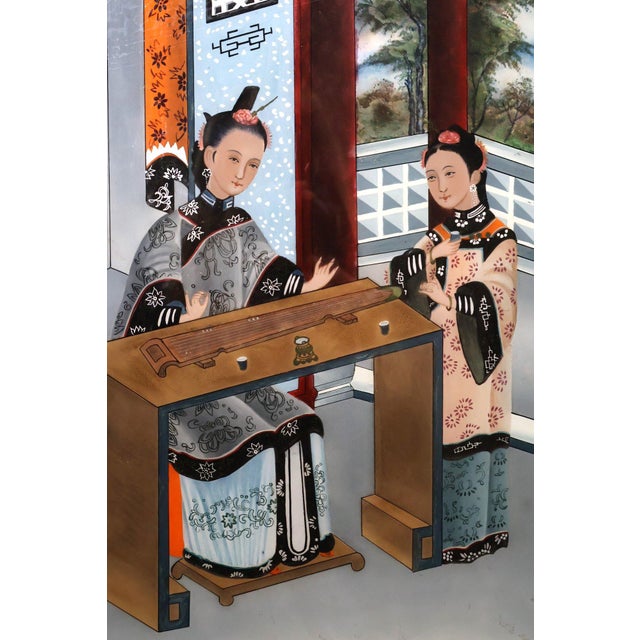 Wood Antique Chinese Qing Dynasty Reverse Glass Painting Scholars Garden Scene For Sale - Image 7 of 12