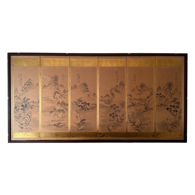 Early 20th Century Japanese Chinese Asian Calligraphy Hand Painted Six Panel Paper Screen Folding Byobu For Sale - Image 12 of 15