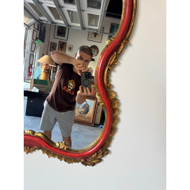 1960s 1960’s Italian Hollywood Regency Carved Wood Wall Mirror – Red & Gold Gilt Frame/ Sold For Sale - Image 5 of 12