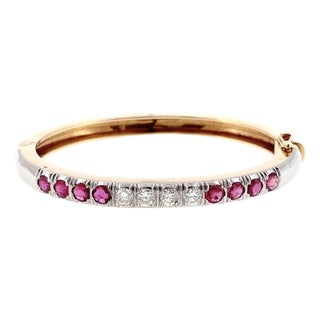 Vintage 14k Gold Ruby and Diamond Hinged Bangle Bracelet For Sale