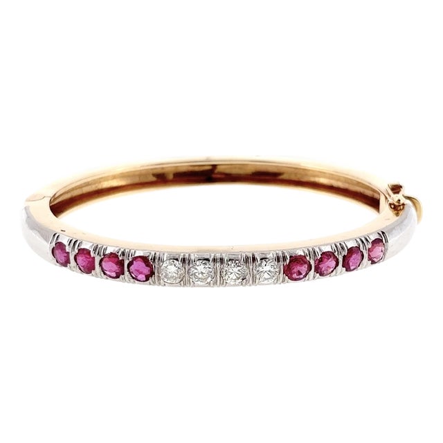 Vintage 14k Gold Ruby and Diamond Hinged Bangle Bracelet For Sale