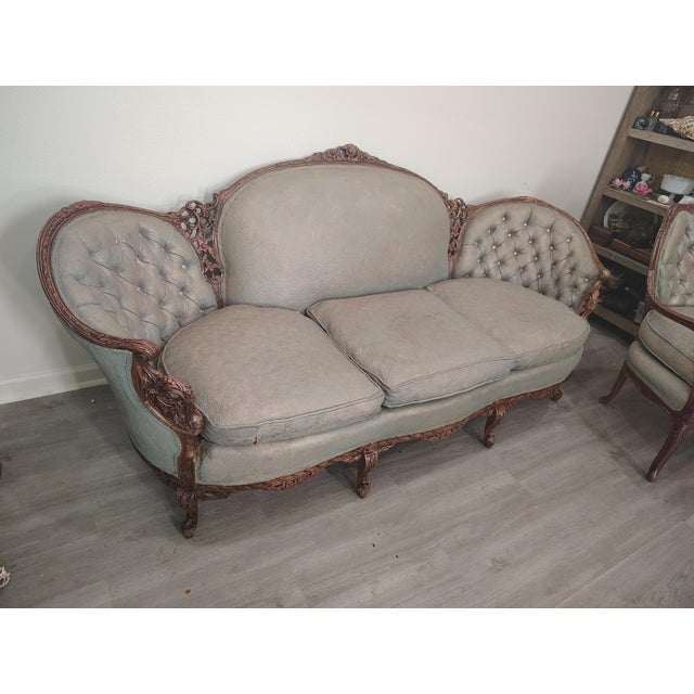 Antique Hand Carved Victorian Sofa and Chair For Sale - Image 11 of 17