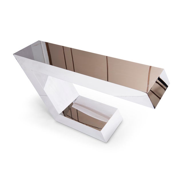 Modern Polished Stainless Steel Console Table Designed by Greg Sheres; Pisa The "Pisa" Console table is a striking...